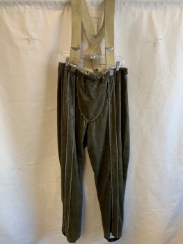 Mens, Sci-Fi/Fantasy Pants, MTO, Moss Green, Taupe, Beige, Synthetic, Mottled, Camouflage, 34/32, Elastic Waist, Metal & Stretch Suspenders, Taupe/ Moss Piping In Front & Back, Stirrups