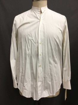 N/L, Ivory White, Cotton, Solid, Button Front, Collar Band, Long Sleeves,