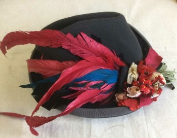 N/L, Dk Gray, Cherry Red, Blue, Green, Wool, Feathers, Solid, Floral, Dark Gray Felt, Cherry Red Grosgrain Band, Red and Blue Feathers, Red and Cream Faux Flowers and Green Leaves, Fedora-like Shape, Dark Gray Net Attached At Brim, Made To Order,