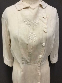 MTO, Ecru, Cotton, Linen, Solid, Leaf Hand Embroidery at Bust, Off Center Button Front, 3/4 Sleeves, Raw Silk Sailor Collar and Cuffs Added, Double Pleat Bust, Condition Fair A Couple of Mended Holes, Light Stains All Over, Made To Order
