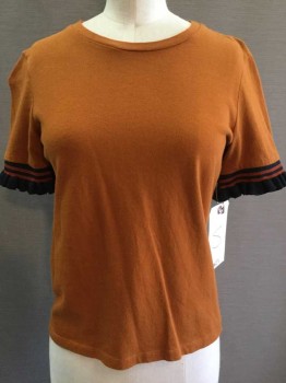 Zara, Rust Orange, Navy Blue, Cotton, Stripes, Solid, Rust, Navy/rust Stripe Ruffle Short Sleeve,  Crew Neck,