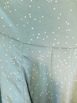 Womens, Skirt, Knee Length, FRENCH CONNECTION, Teal Green, White, Silk, Stars, 2, Teal Green W/tiny White Stars, Dropped Waist with Large Pleat/ Vertical Ruffle, Side Zip
