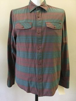 THE HUNDREDS, Dk Brown, Teal Blue, Red Burgundy, Cotton, Stripes, Dk Brown / Teal Blue / Burgundy Stripes, Button Front, Collar Attached, 2 Flap Pockets, Long Sleeves,