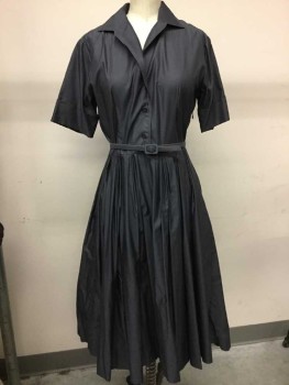 MTO, Graphite Gray, Cotton, Solid, Button Front, Cuffed, Short Sleeve,  Groups Of 5 Pleats On Skirt, Stitched Collar Edge, Pointed Back Yoke. Matching Belt W/ Covered Buckle, Side Zip, Multiples