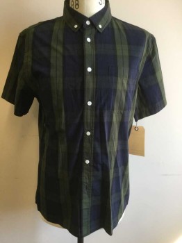 SATURDAYS, Olive Green, Navy Blue, Cotton, Plaid, Button Front, Button Down Collar, Short Sleeves, 1 Pocket,