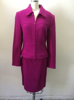 Womens, Suit, Jacket, VERDIGO, Fuchsia Pink, Wool, 6, Boucle Woven with Sparkly Fuschia, Zip Front, Collar Attached, Long Sleeves