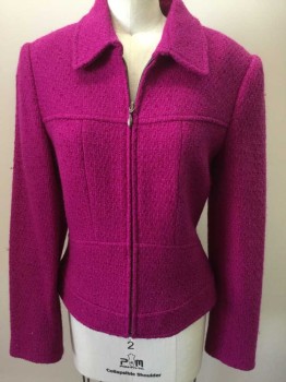 Womens, Suit, Jacket, VERDIGO, Fuchsia Pink, Wool, 6, Boucle Woven with Sparkly Fuschia, Zip Front, Collar Attached, Long Sleeves