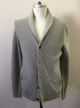 Mens, Cardigan Sweater, BANANA REPUBLIC, Beige, Cotton, Solid, L, BARCODE BEHIND RIGHT POCKET- Shawl Collar, Long Sleeves, 2 Pockets, 5 Buttons,