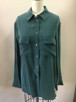 Womens, Blouse, EQUIPMENT, Forest Green, Silk, Solid, XS, Button Front, Collar Attached, Long Sleeves, 2 Flap Pockets