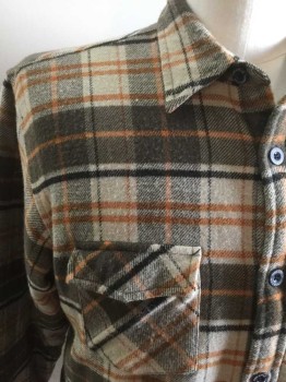 Mens, Casual Jacket, PINEAPPLE CONNECTION, Beige, Black, Gray, Orange, Acrylic, Plaid, XL, Button Front, Long Sleeves, Collar Attached, 2 Flap Pockets, Fleece Lining
