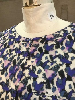 Womens, Blouse, NYDJ, Violet Purple, Multi-color, Polyester, Abstract , 1X, Band Collar with Hidden Button Placket, 3/4 Sleeves, 1 Faux Pocket, Purple, Black, And White Accents