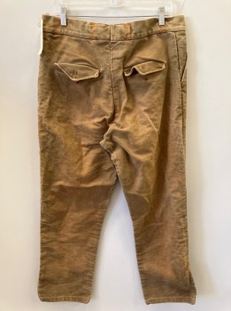 MTO, Camel Brown, Cotton, Solid, Aged/distress Camel, Flat Front, Button Front, 3 Pockets frayed Slant Pocket Trim, Flat Front, Button Front, 2 Pockets with Flap (Missing Buttons)