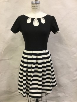 Womens, Dress, Short Sleeve, DEAR CREATURES, Black, Cream, Cotton, Solid, Stripes - Horizontal , XS, Round Neck with Open Teardrops. Black Short Sleeve Bodice with Cream Edge Trim and Details, Inverted Box Pleated Short Skirt, Back Zipper, Pleated Sleeve Caps