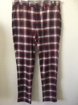 Mens, Casual Pants, Zara, Multi-color, Red, White, Royal Blue, Polyester, Viscose, Plaid, Plaid-  Windowpane, 28, 34, Flat Front,  Zip Fly, 4 Pocket,