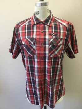 Mens, Casual Shirt, MARC ECKO, Red, Black, White, Cotton, Plaid, L, Short Sleeves, Collar Attached, Button Front, 3 Pockets,