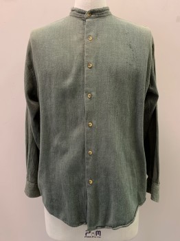 N/L, Sage Green, Cream, Cotton, Stripes - Micro, Stripes - Vertical , Band Collar,  Button Front, Lacing/Ties, Aged/Distressed,