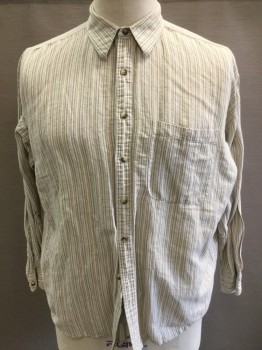 Mens, Casual Shirt, AXXA, Beige, Olive Green, Tan Brown, Brown, Linen, Stripes - Vertical , 34/35, 17.5, Long Sleeves, Button Front, Collar Attached, 1 Pocket,