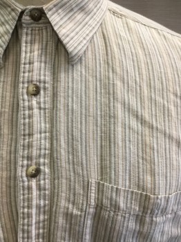 Mens, Casual Shirt, AXXA, Beige, Olive Green, Tan Brown, Brown, Linen, Stripes - Vertical , 34/35, 17.5, Long Sleeves, Button Front, Collar Attached, 1 Pocket,