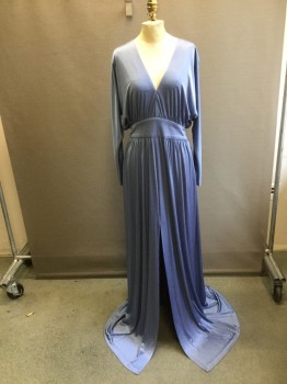 Womens, Evening Gown, HALTON, Lt Blue, Rayon, Solid, S, Jersey Knit Rayon, Satin Finish. Deep V/neck, Long Sleeves, Bodice & Skirt Gathered to Waistband. Bat, wing Sleeves. Slit Center Front, Zipper at Left Side Seam, 1970's Reproduction