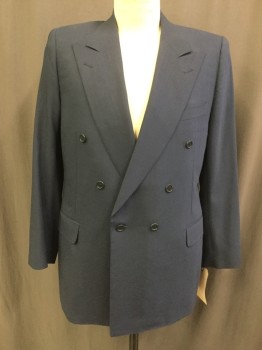 CANALI, Navy Blue, Wool, Solid, Double Breasted, Peaked Lapel, 3 Pockets, Top Stitch,