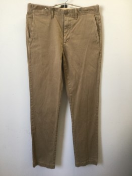 Mens, Casual Pants, J CREW, Caramel Brown, Cotton, Spandex, Solid, Ins:32, W:29, Twill, Flat Front, Zip Fly, 4 Pockets Plus 1 Watch Pocket, Slim Leg