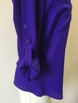 EXPRESS, Violet Purple, Polyester, Solid, Chiffon, Long Sleeve Button Front, Collar Attached, V-neck, 2 Patch Pockets, Buttons on Sleeves (For Rolling/Cuffing Sleeves)
