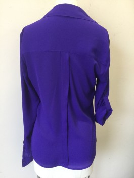 EXPRESS, Violet Purple, Polyester, Solid, Chiffon, Long Sleeve Button Front, Collar Attached, V-neck, 2 Patch Pockets, Buttons on Sleeves (For Rolling/Cuffing Sleeves)