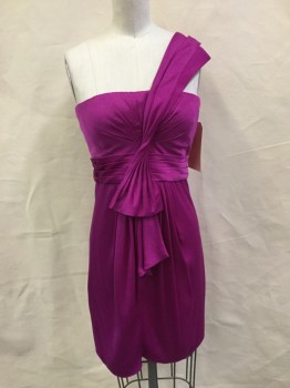 Womens, Cocktail Dress, BCBG, Fuchsia Pink, Polyester, Solid, 4, Zip Back, Sleeveless with 1 Asymmetrical, Pleated Strap Front Center Front, Pleated Cummerbund at Waist