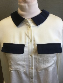 ZARA, White, Navy Blue, Polyester, Solid, Crepe, White with Navy Collar and Pocket Flaps, Long Sleeve Button Front, Collar Attached, 2 Pockets