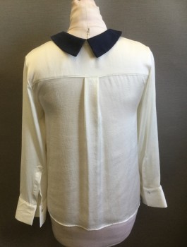 ZARA, White, Navy Blue, Polyester, Solid, Crepe, White with Navy Collar and Pocket Flaps, Long Sleeve Button Front, Collar Attached, 2 Pockets
