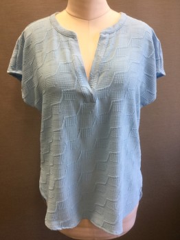 ALFANI, Powder Blue, Polyester, Spandex, Geometric, Self Squares/Zig Zag Lines Texture, Cap Sleeves, Scoop Neck with Deep V Notch at Center Front, Pullover, Oversized