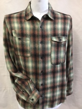 OUR CASTE, Cream, Gray, Black, Mauve Pink, Cotton, Wool, Plaid, Collar Attached, Button Front, 2 Pockets with Flap, Long Sleeves,