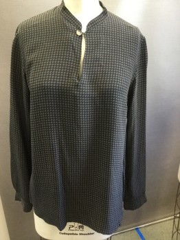APC, Black, Brown, Silk, Houndstooth, Band Collar,  Long Sleeves, Open V Neck W/one Button, Pull Over