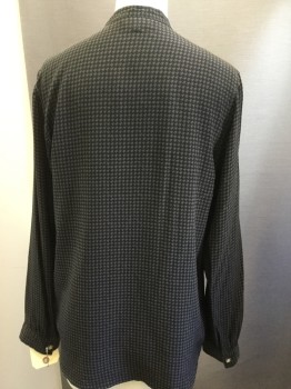 APC, Black, Brown, Silk, Houndstooth, Band Collar,  Long Sleeves, Open V Neck W/one Button, Pull Over