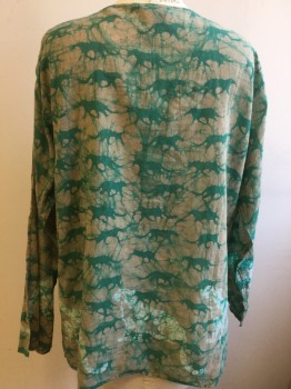 CLASSIC IMPORTS, Emerald Green, Taupe, Cotton, Batik, Animals, Long Sleeves, Pullover, 3 Buttons Center Front, Big Cats, Leopard