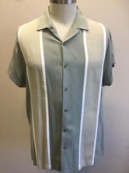 NAT NAST, Sage Green, Taupe, Ecru, Silk, Color Blocking, Short Sleeves, Button Front, Twill Weave,  Hand Picked Collar and Detail Stitching, Double,