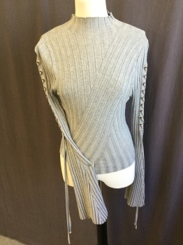 Womens, Pullover, HERA, Heather Gray, Cotton, Acrylic, Heathered, S, Diagonal Ribbed, Mock Neck, Long Sleeves Flair Bottom with Metal Self Lacing