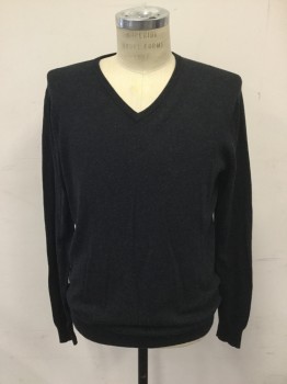 Mens, Pullover Sweater, J. CREW, Charcoal Gray, Cotton, Cashmere, Solid, MT, V-neck, Long Sleeves, Ribbed Knit Neck/Waistband/Cuff
