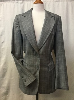 Womens, Blazer, DANA BUCHMAN, Gray, Lt Blue, Black, Wool, Plaid, 10, Wide Notched Lapel, 2 Button Single Breasted,, 2 Pockets with Flaps, Slit Center Back,