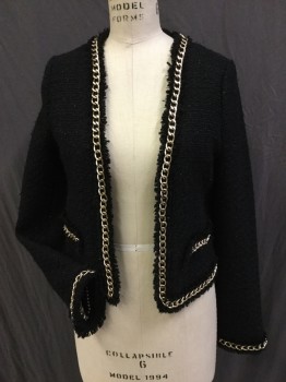 Womens, Blazer, XXI, Black, Gold, Viscose, Wool, Solid, M, Wool Blend Boucle with Black Lurex Thread in Grid Pattern. Chunky Gold Chain Trim. Self Raw Edge Trimmed Edging and on Faux Pocket Detail/ Black & Taupe Stripe Satin Lining