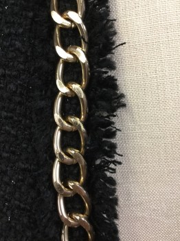 Womens, Blazer, XXI, Black, Gold, Viscose, Wool, Solid, M, Wool Blend Boucle with Black Lurex Thread in Grid Pattern. Chunky Gold Chain Trim. Self Raw Edge Trimmed Edging and on Faux Pocket Detail/ Black & Taupe Stripe Satin Lining