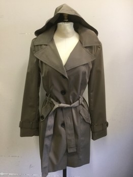 Womens, Coat, Trenchcoat, CALVIN KLEIN, Dk Khaki Brn, Polyester, Solid, XS, 4 Buttons, Removable Hood, Self Belt, Wide Lapels