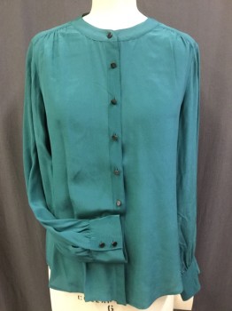 Womens, Blouse, BANANA REPUBLIC, Teal Green, Silk, Solid, 6, Button Front, Long Sleeves, Band Collar, Gathers at Front and Center Back Yoke, Button Cuffs