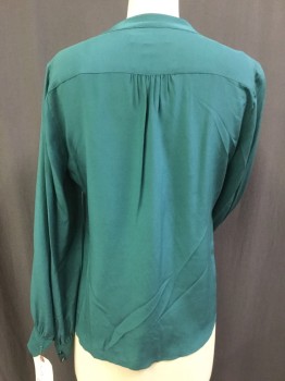 Womens, Blouse, BANANA REPUBLIC, Teal Green, Silk, Solid, 6, Button Front, Long Sleeves, Band Collar, Gathers at Front and Center Back Yoke, Button Cuffs