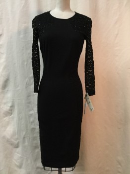 Womens, Cocktail Dress, NO LABEL, Black, Synthetic, Elastane, Solid, 26, 34, Black, Lace Sides & Long Sleeves, Crew Neck, Sparkly Yolk Detail, Zip Back