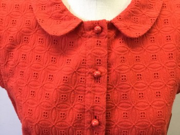 Womens, Dress, Short Sleeve, KATE SPADE, Red, Cotton, Solid, 6, Red Eyelet Lace, Button Front Placket, Round Collar, Cap Sleeve, Keyhole Back, Gathered Waist Skirt, Side Zipper,