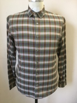 PAUL SMITH, Brown, Taupe, Orange, Moss Green, Black, Cotton, Plaid, Button Front, Collar Attached, Tab Button Collar, Long Sleeves