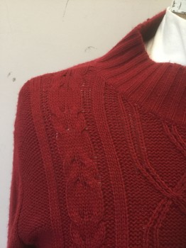 CAROL ROSE, Ruby Red, Acrylic, Solid, Cable Knit, Long Sleeves, Mock Neck, Below Hip Length