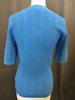 BROOKS BROTHERS, French Blue, Viscose, Polyester, Solid, Crew Neck, Short Sleeves, Cable Knit W/lace Knit and Herringbone