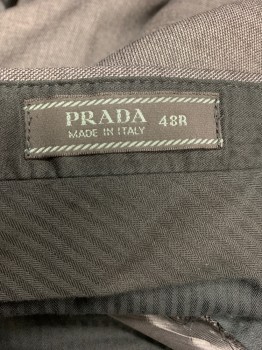 PRADA, Charcoal Gray, Gray, Wool, 2 Color Weave, Flat Front, Button Tab, Tiny Pocket at Waistband
